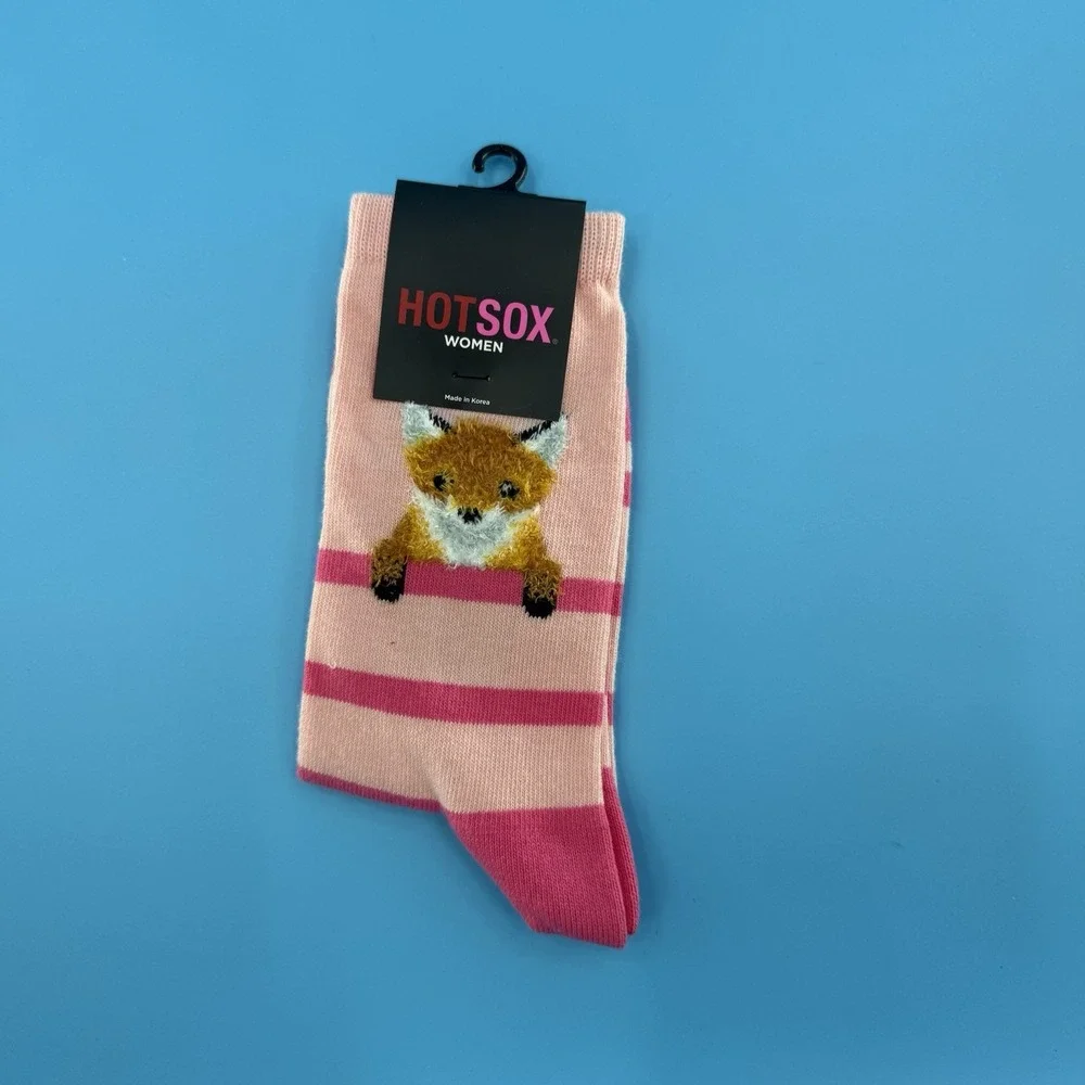 Hot Sox Women's Fox Crew Socks Pink Striped Fuzzy Animal Size 9–11 New
